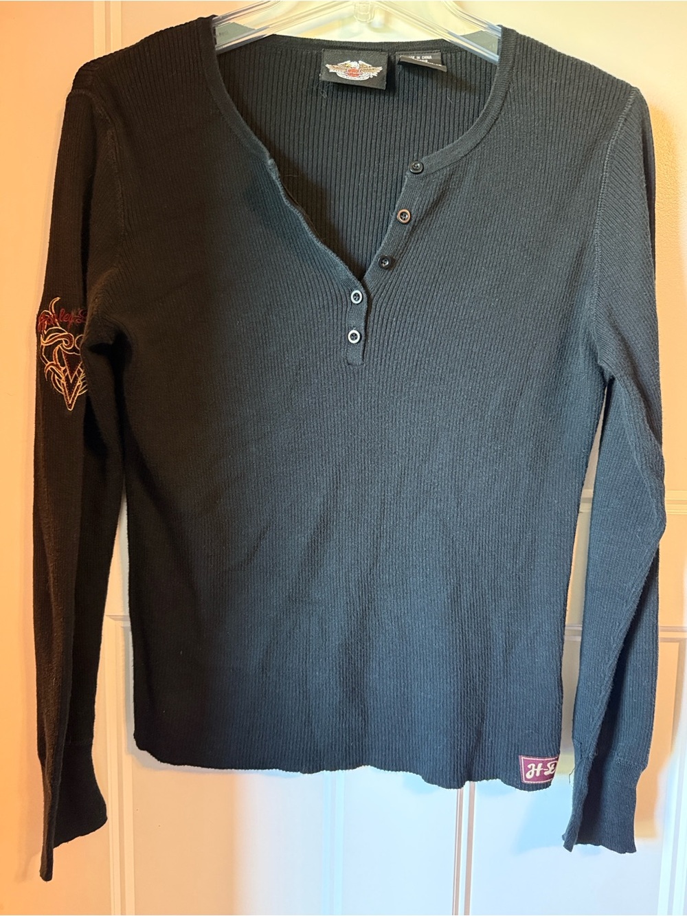 Harley-Davidson Black Ribbed Henley with Embroidered Sleeve